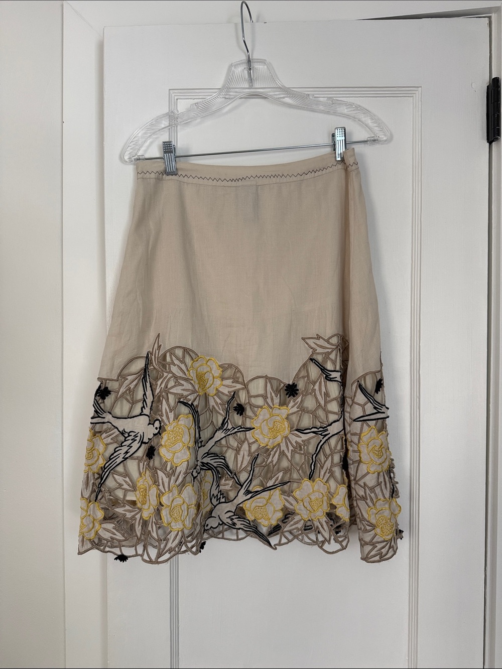 Anthropologie Lithe Embroidered Beige Floral & Bird Skirt
